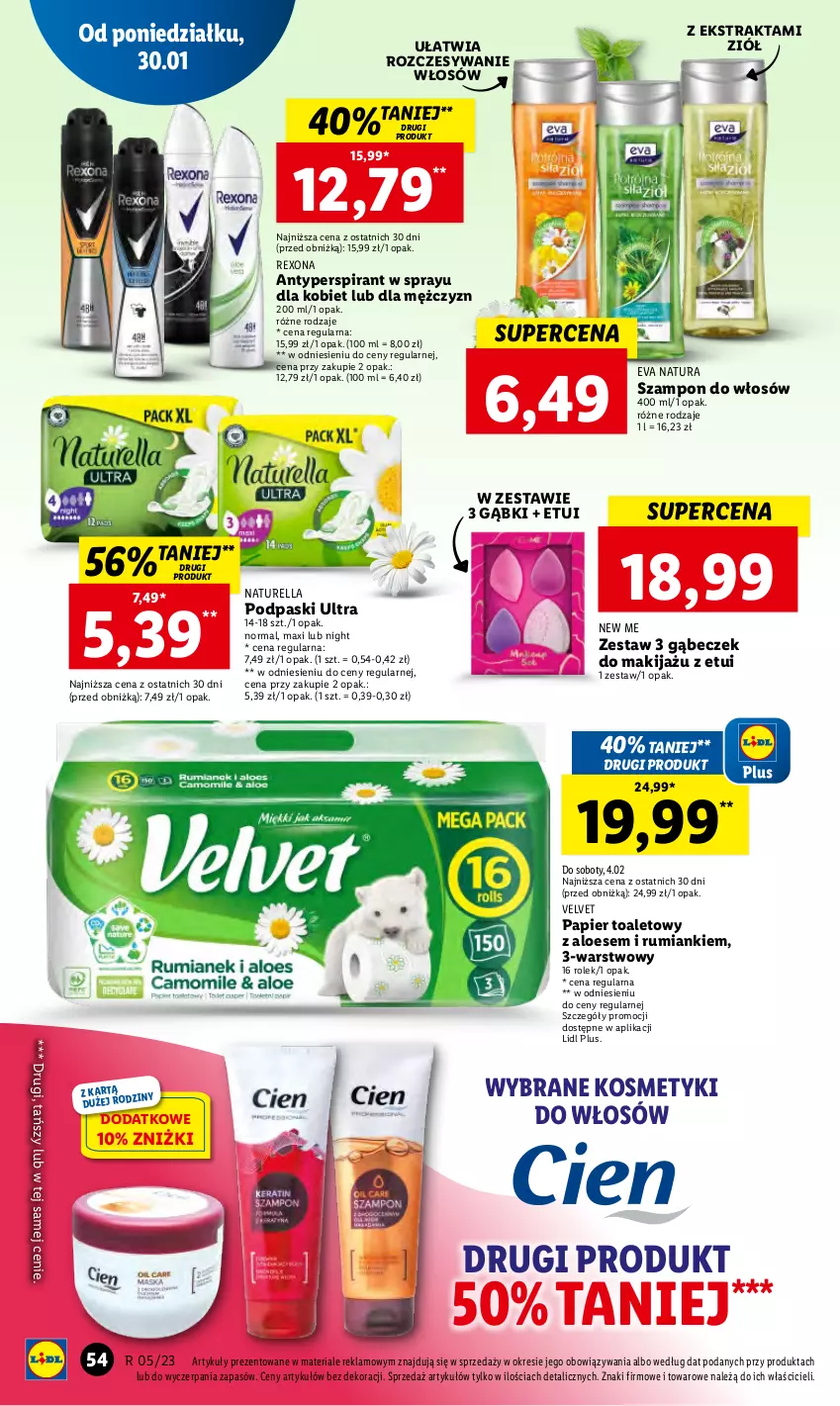 Gazetka promocyjna Lidl - GAZETKA - ważna 30.01 do 01.02.2023 - strona 64 - produkty: Antyperspirant, Makijaż, Naturell, Naturella, Papier, Papier toaletowy, Podpaski, Rexona, Rum, Szampon, Velvet