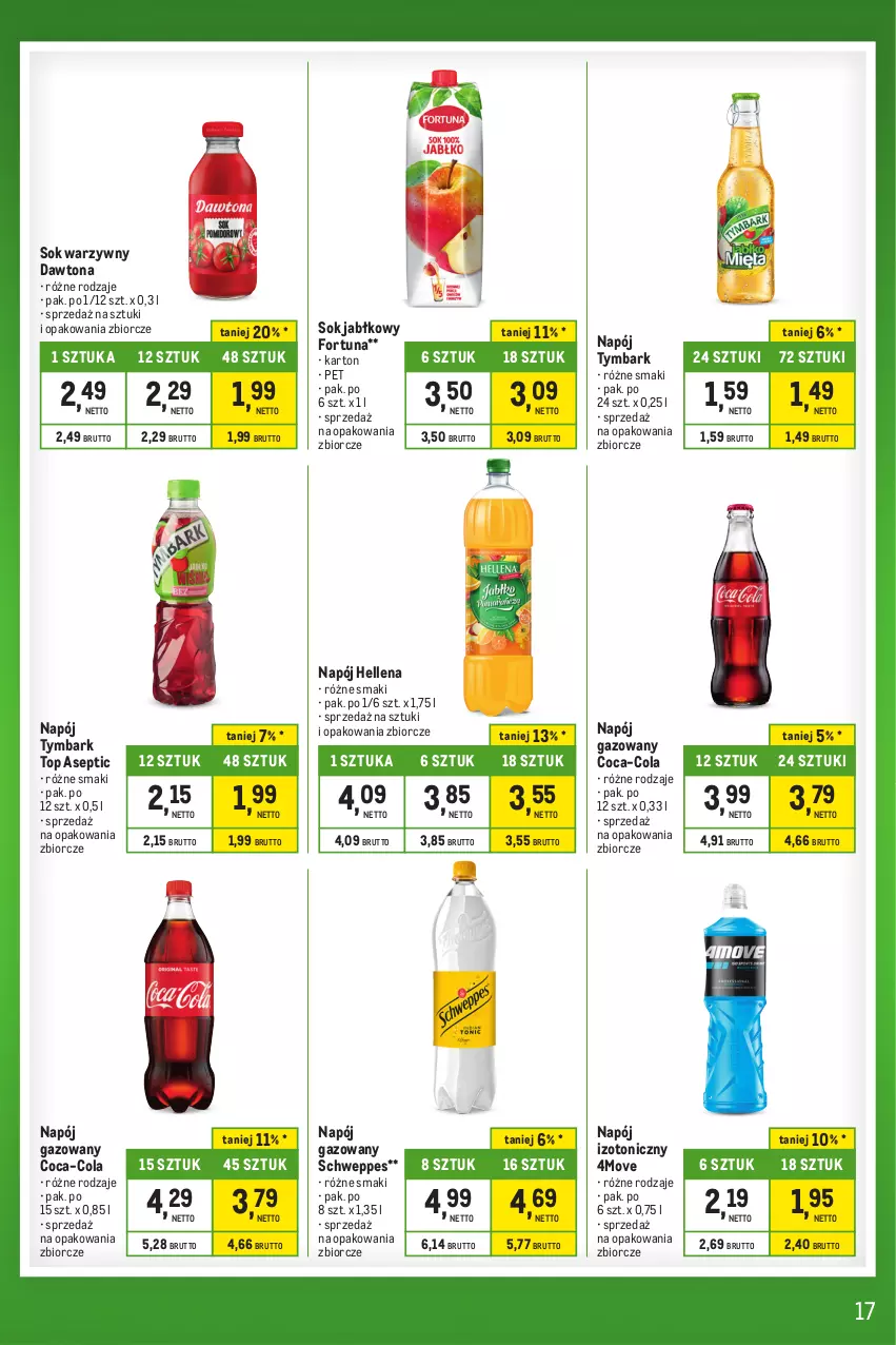 Gazetka promocyjna Makro - Kupujesz więcej płacisz mniej - ważna 01.10 do 31.10.2023 - strona 17 - produkty: Coca-Cola, Dawtona, Fortuna, Hellena, Napój, Napój gazowany, Napój izotoniczny, Schweppes, Sok, Sok jabłkowy, Top, Tymbark