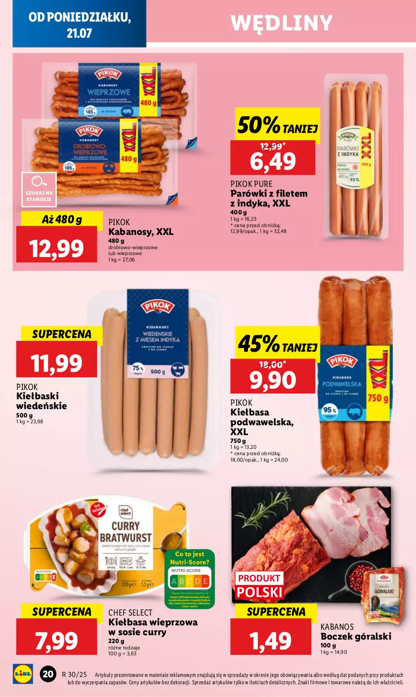 Gazetka promocyjna Lidl - GAZETKA - ważna 21.07 do 23.07.2025 - strona 24 - produkty: Boczek, Kabanos, Kiełbasa, Kiełbasa podwawelska, Parówki, PIKOK, Pur, Sos, Wawel