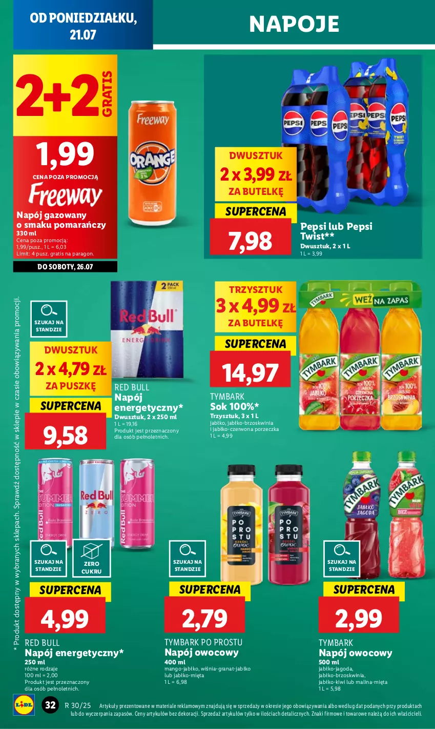 Gazetka promocyjna Lidl - GAZETKA - ważna 21.07 do 23.07.2025 - strona 40 - produkty: Gra, Granat, Kiwi, Mango, Mięta, Napój, Napój energetyczny, Napój gazowany, Napoje, Pepsi, Por, Red Bull, Sok, Tymbark