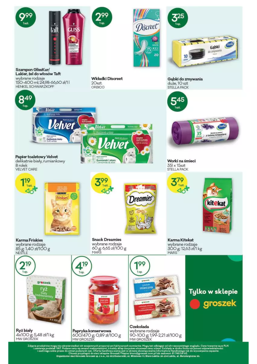 Gazetka promocyjna Groszek - Gazetka - ważna 08.09 do 21.09.2021 - strona 12 - produkty: BIC, Biuro, Czekolada, Discreet, Fa, Friskies, Gres, Groszek, KiteKat, Lakier, Mars, Papier, Papier toaletowy, Papryka, Por, Rosie, Rum, Ryż, Ryż biały, Schwarzkopf, Ser, Szampon, Taft, Velvet, Wkładki, Worki na śmiec, Worki na śmieci