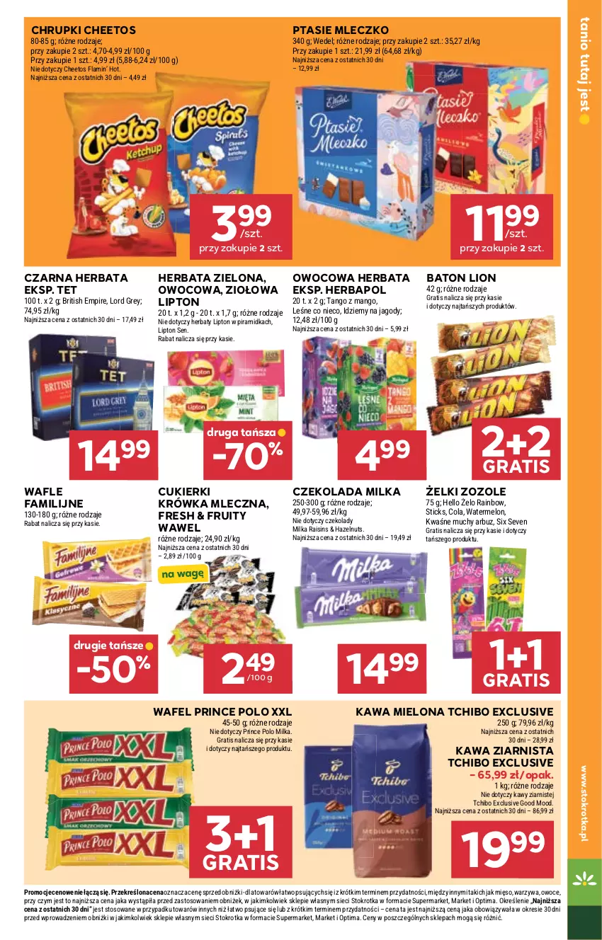 Gazetka promocyjna Stokrotka - Market - ważna 07.05 do 13.05.2026 - strona 28 - produkty: Arbuz, Baton, Brit, Cheetos, Chrupki, Cukier, Cukierki, Czekolada, Fa, Gra, Herbapol, Herbata, Jagody, Kawa, Kawa mielona, Kawa ziarnista, Lion, Lipton, Mango, Melon, Mięso, Milka, Mleczko, Optima, Owoce, Prince Polo, Ptasie mleczko, Tchibo, Wafle, Warzywa, Wawel