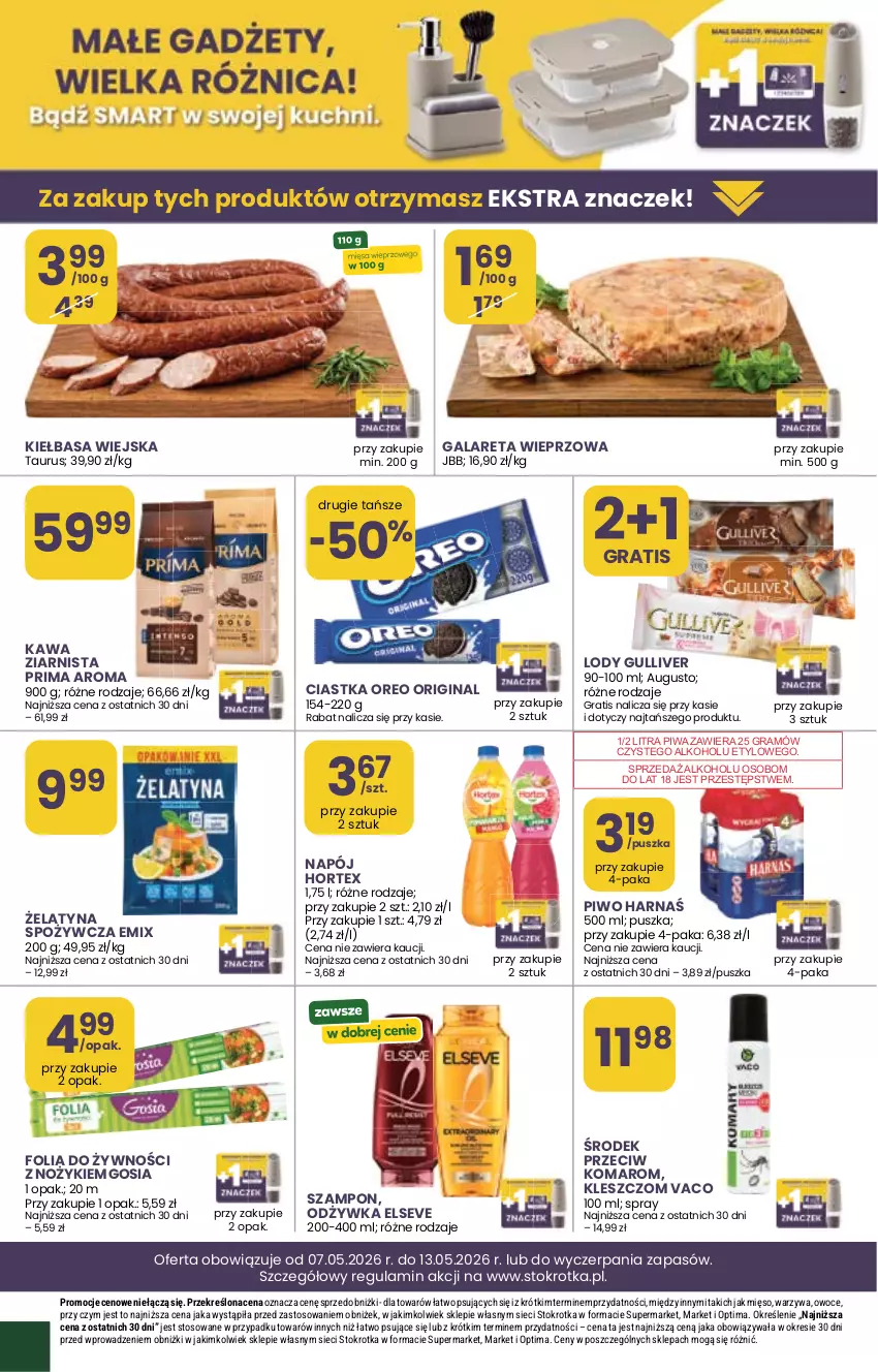 Gazetka promocyjna Stokrotka - Market - ważna 07.05 do 13.05.2026 - strona 35 - produkty: Ciastka, Elseve, Gala, Gin, Gra, Harnaś, Hortex, Kawa, Kawa ziarnista, Kiełbasa, Kiełbasa wiejska, Lody, Mięso, Napój, Noż, Odżywka, Optima, Oreo, Owoce, Piwa, Piwo, Prima, Szampon, Warzywa