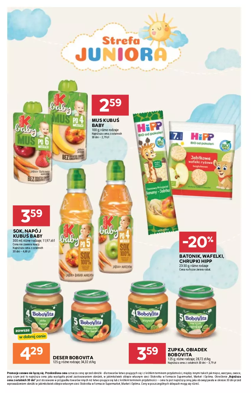 Gazetka promocyjna Stokrotka - Market - ważna 07.05 do 13.05.2026 - strona 37 - produkty: Baton, BoboVita, Chrupki, Deser, HiPP, Kubuś, Mięso, Mus, Napój, Optima, Owoce, Ser, Sok, Tonik, Warzywa