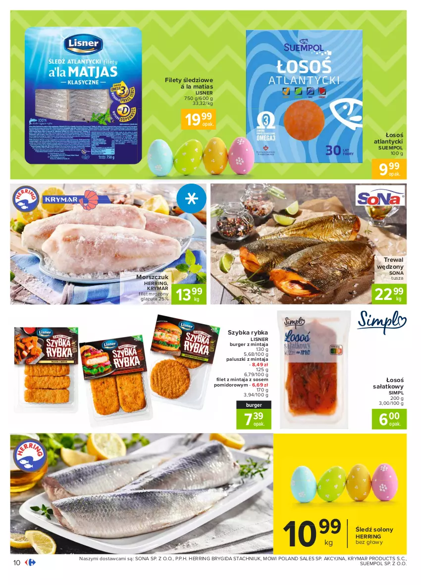 Gazetka promocyjna Carrefour - Gazetka Carrefour - ważna 15.03 do 22.03.2021 - strona 10 - produkty: Burger, Filet z mintaja, Glazura, Lazur, Lisner, Mintaj, Sałat, Sos, Suempol, Tusz