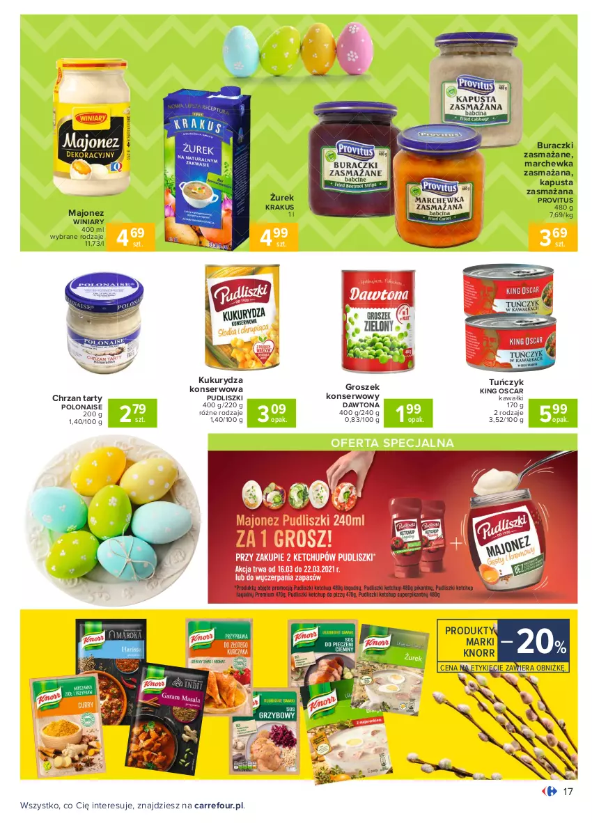 Gazetka promocyjna Carrefour - Gazetka Carrefour - ważna 15.03 do 22.03.2021 - strona 17 - produkty: Buraczki, Chrzan, Dawtona, Groszek, Kawa, Knorr, Krakus, Kukurydza, Kukurydza konserwowa, Majonez, Marchewka, Pudliszki, Ser, Tuńczyk, Winiary