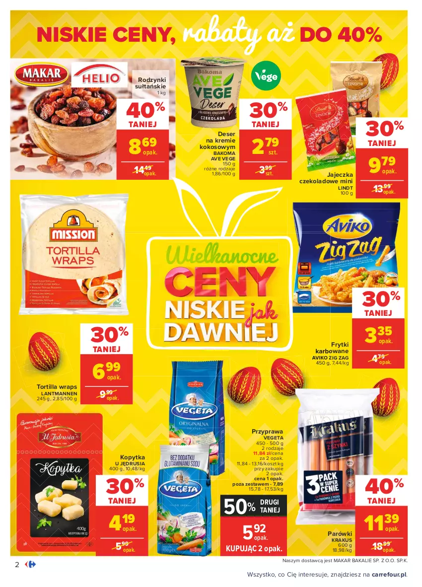 Gazetka promocyjna Carrefour - Gazetka Carrefour - ważna 15.03 do 22.03.2021 - strona 2 - produkty: Bakoma, Deser, Frytki, Kokos, Kopytka, Kosz, Krakus, Lindt, Parówki, Rodzynki, Ser, Tortilla, Vegeta