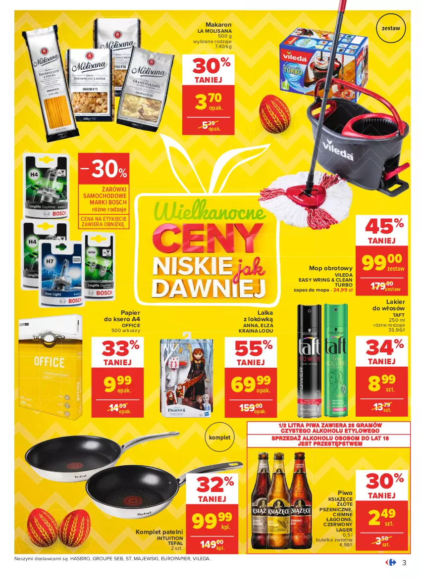 Gazetka promocyjna Carrefour - Gazetka Carrefour - ważna 15.03 do 22.03.2021 - strona 3 - produkty: Bosch, Fa, Gra, Hasbro, Isana, Książęce, Lakier, Lakier do włosów, Lalka, Makaron, Mop, Papier, Papier do ksero, Piwa, Piwo, Ser, Taft, Tefal, Vileda