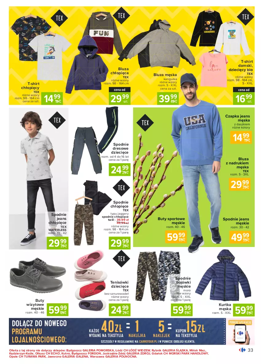 Gazetka promocyjna Carrefour - Gazetka Carrefour - ważna 15.03 do 22.03.2021 - strona 33 - produkty: Bluza, Buty, Czapka, Dres, Dzieci, Kurtka, Por, Spodnie, Spodnie dresowe, Spodnie jeans, Sport, T-shirt, Tenisówki