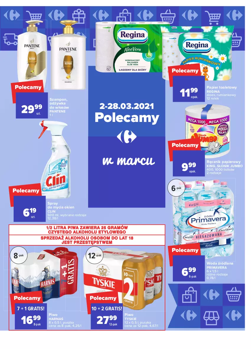 Gazetka promocyjna Carrefour - Gazetka Carrefour - ważna 15.03 do 22.03.2021 - strona 37 - produkty: Clin, Gin, Gra, Harnaś, LANA, Odżywka, Pantene, Papier, Papier toaletowy, Piwa, Piwo, Prima, Primavera, Ręcznik, Rum, Szampon, Tyskie, Woda