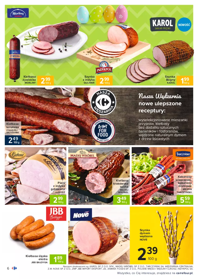 Gazetka promocyjna Carrefour - Gazetka Carrefour - ważna 15.03 do 22.03.2021 - strona 6 - produkty: Kabanos, Kiełbasa, Kiełbasa krakowska, Kiełbasa śląska, Kosz, Madej Wróbel, Mięso, Morliny, Por, Sport, Szynka, Tarczyński