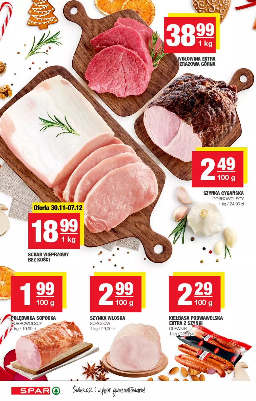 Gazetka promocyjna Spar - Spar - ważna 27.11 do 07.12.2022 - strona 8 - produkty: Kiełbasa, Kiełbasa podwawelska, Olewnik, Polędwica, Schab wieprzowy, Sok, Sokołów, Szynka, Szynka cygańska, Wawel