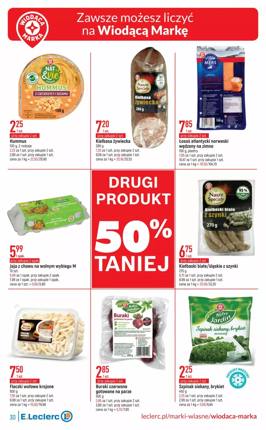 Gazetka promocyjna E Leclerc - ważna 18.10 do 29.10.2022 - strona 30 - produkty: Buraki, Flaczki wołowe, Gra, Hummus, Jaja, Kiełbasa, Kiełbaski białe, Mus, Mysz, Sezam, Szpinak