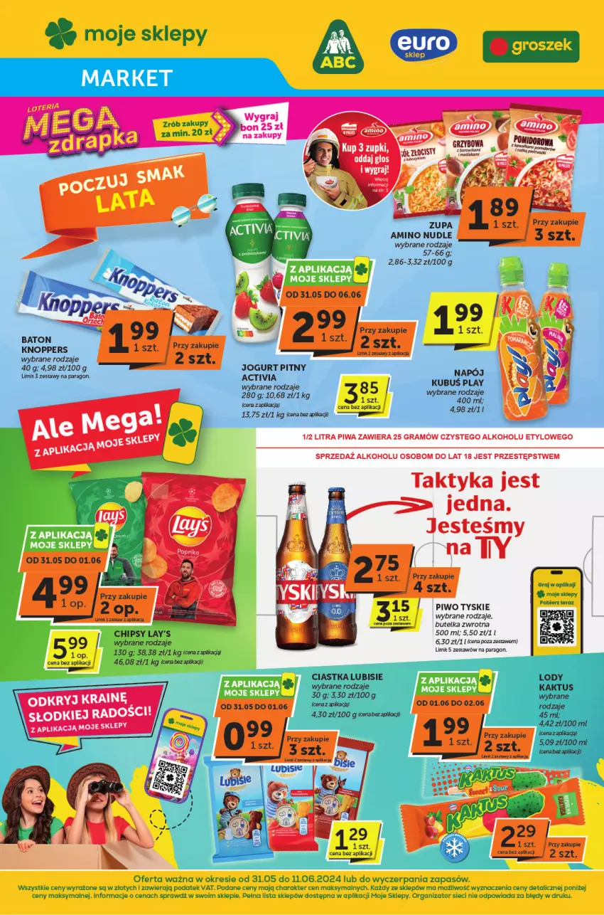 Gazetka promocyjna ABC - ważna 31.05 do 11.06.2024 - strona 1 - produkty: Activia, Chipsy, Ciastka, Gra, Jogurt, Jogurt pitny, Kaktus, Knoppers, Kubuś, Lody, Lubisie, Napój, Piwa, Piwo, Tera, Tyskie