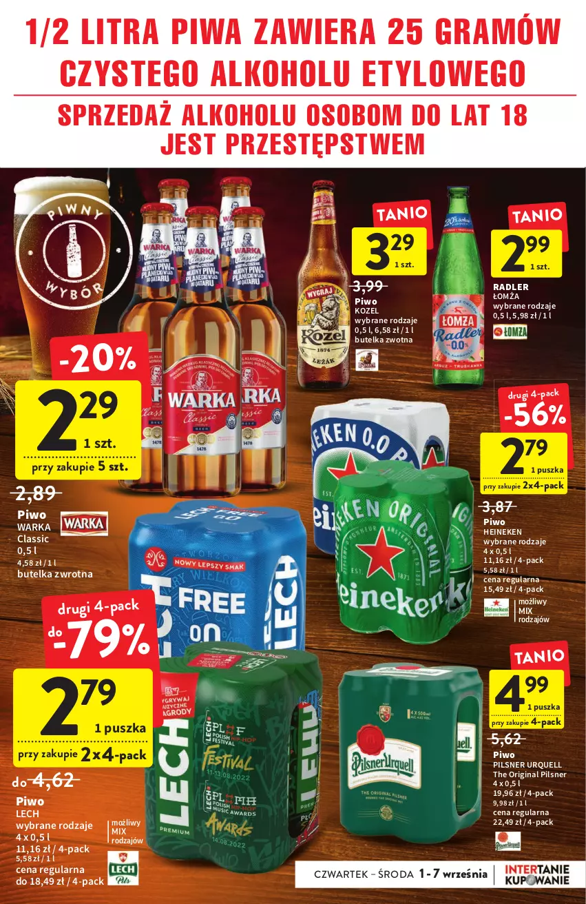 Gazetka promocyjna Intermarche - Gazetka Intermarche - ważna 01.09 do 07.09.2022 - strona 31 - produkty: Gin, Gra, Heineken, Kozel, Pilsner Urquell, Piwa, Piwo, Radler, Warka