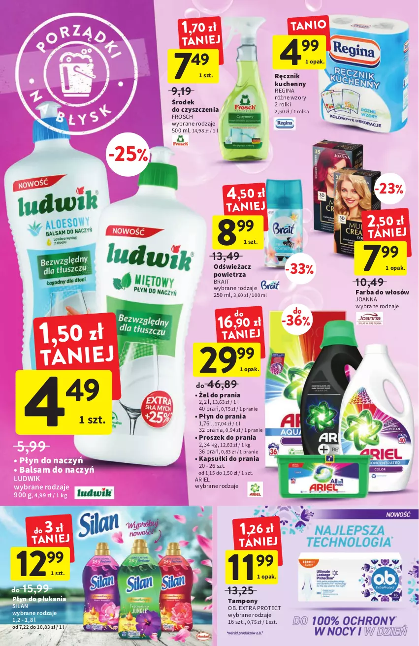 Gazetka promocyjna Intermarche - Gazetka Intermarche - ważna 01.09 do 07.09.2022 - strona 32 - produkty: Ariel, Fa, Farba do włosów, Frosch, Gin, Joanna, Kapsułki do prania, Ludwik, Odświeżacz powietrza, Płyn do płukania, Płyn do prania, Proszek do prania, Ręcznik, Ręcznik kuchenny, Rolki, Silan, Tampony