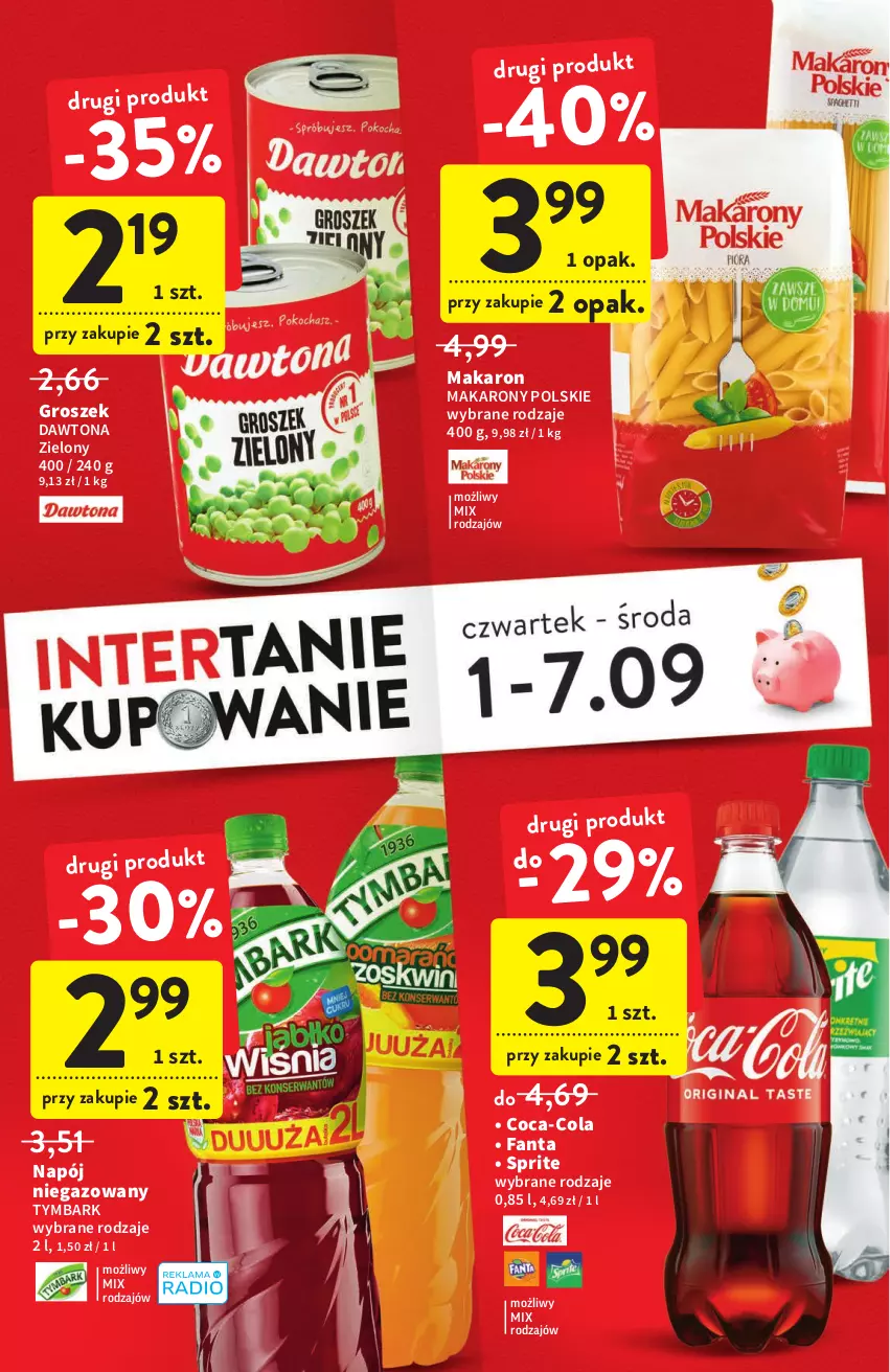 Gazetka promocyjna Intermarche - Gazetka Intermarche - ważna 01.09 do 07.09.2022 - strona 6 - produkty: Coca-Cola, Dawtona, Fa, Fanta, Groszek, Makaron, Napój, Napój niegazowany, Sprite, Tymbark