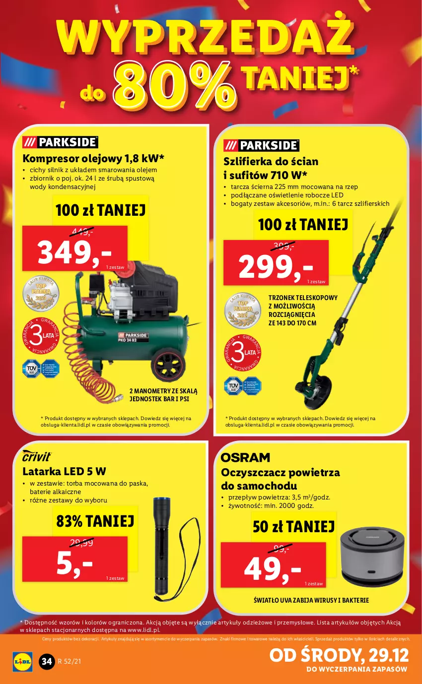 Gazetka promocyjna Lidl - GAZETKA - ważna 27.12 do 31.12.2021 - strona 34 - produkty: Gra, Kompresor, Kompresor olejowy, Latarka, Latarka LED, Oczyszczacz powietrza, Olej, Stek, Szlifierka, Tarka, Teleskop, Torba