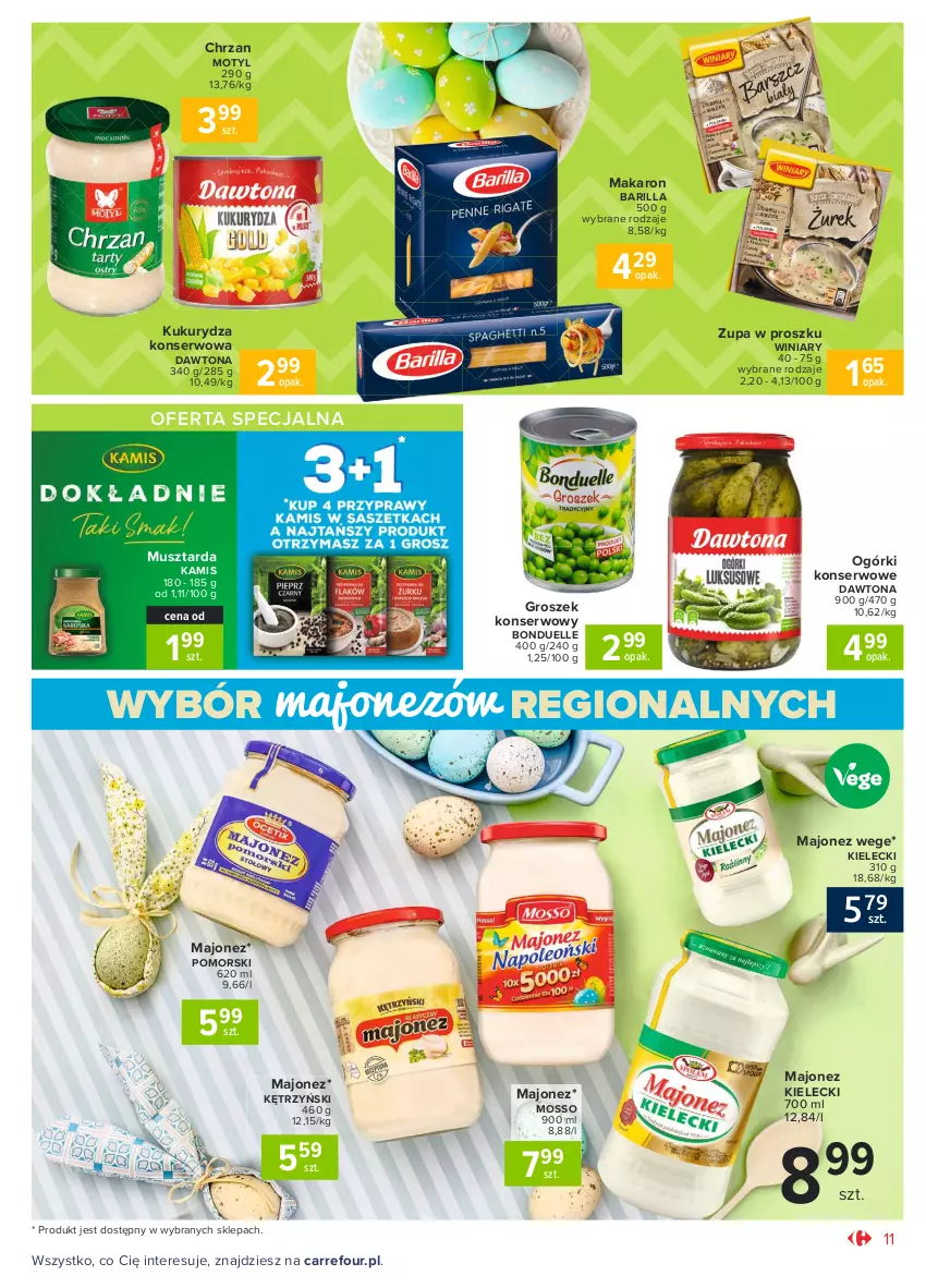 Gazetka promocyjna Carrefour - Gazetka Market - ważna 22.03 do 27.03.2021 - strona 11 - produkty: Barilla, Bonduelle, Chrzan, Dawtona, Groszek, Kamis, Kukurydza, Kukurydza konserwowa, Majonez, Makaron, Mus, Musztarda, Ogórki konserwowe, Ser, Winiary, Zupa