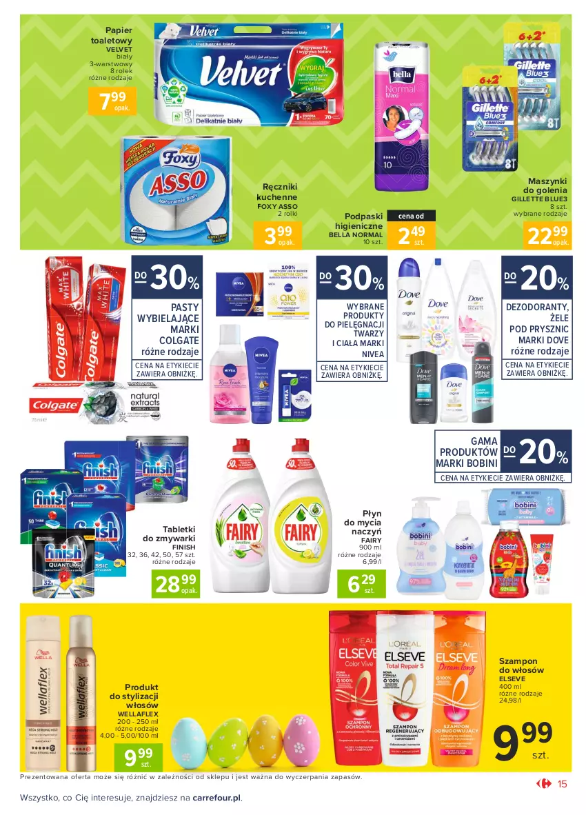 Gazetka promocyjna Carrefour - Gazetka Market - ważna 22.03 do 27.03.2021 - strona 15 - produkty: Bell, Bella, Colgate, Dezodorant, Do mycia naczyń, Dove, Elseve, Fa, Fairy, Finish, Foxy, Gillette, LG, Nivea, Papier, Papier toaletowy, Płyn do mycia, Płyn do mycia naczyń, Podpaski, Ręcznik, Rolki, Szampon, Tablet, Tabletki do zmywarki, Velvet, Wella, Wellaflex, Zmywarki