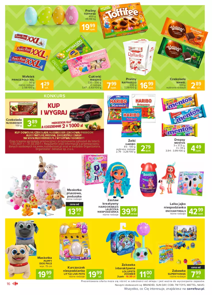 Gazetka promocyjna Carrefour - Gazetka Market - ważna 22.03 do 27.03.2021 - strona 16 - produkty: Cukier, Cukierki, Czekolada, Enchantimals, Fa, Haribo, Lalka, Maskotka pluszowa, Mattel, Mentos, Poduszka, Praliny, Prince Polo, Raffaello, Ser, Tera, Toffifee, Wafelek, Wawel, Zabawka