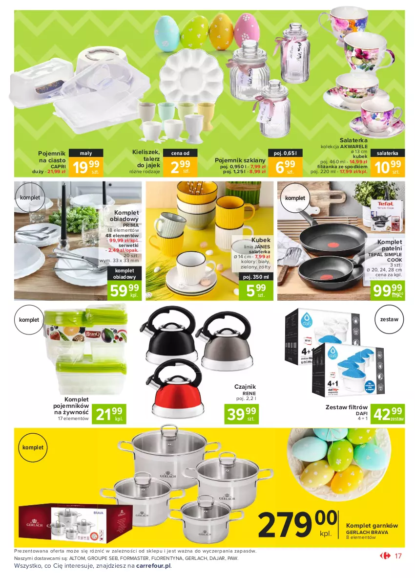 Gazetka promocyjna Carrefour - Gazetka Market - ważna 22.03 do 27.03.2021 - strona 17 - produkty: Czajnik, Fa, Filiżanka, Kieliszek, Komplet obiadowy, Kubek, Pojemnik, Pojemnik na ciasto, Pojemnik szklany, Prima, Salaterka, Ser, Serwetki, Talerz, Tefal