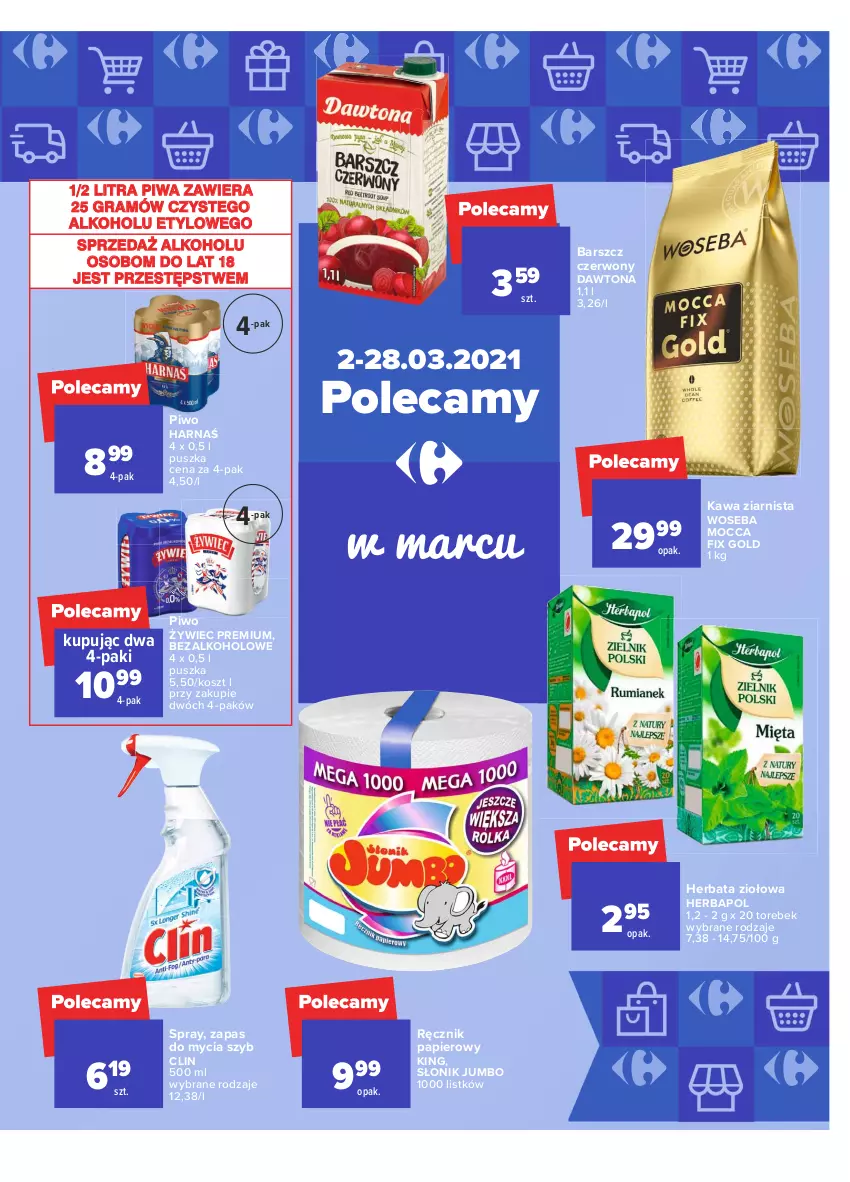 Gazetka promocyjna Carrefour - Gazetka Market - ważna 22.03 do 27.03.2021 - strona 21 - produkty: Clin, Dawtona, Gra, Harnaś, Herbapol, Herbata, Kawa, Kawa ziarnista, Kosz, Mocca Fix Gold, Papier, Piwa, Piwo, Ręcznik, Woseba