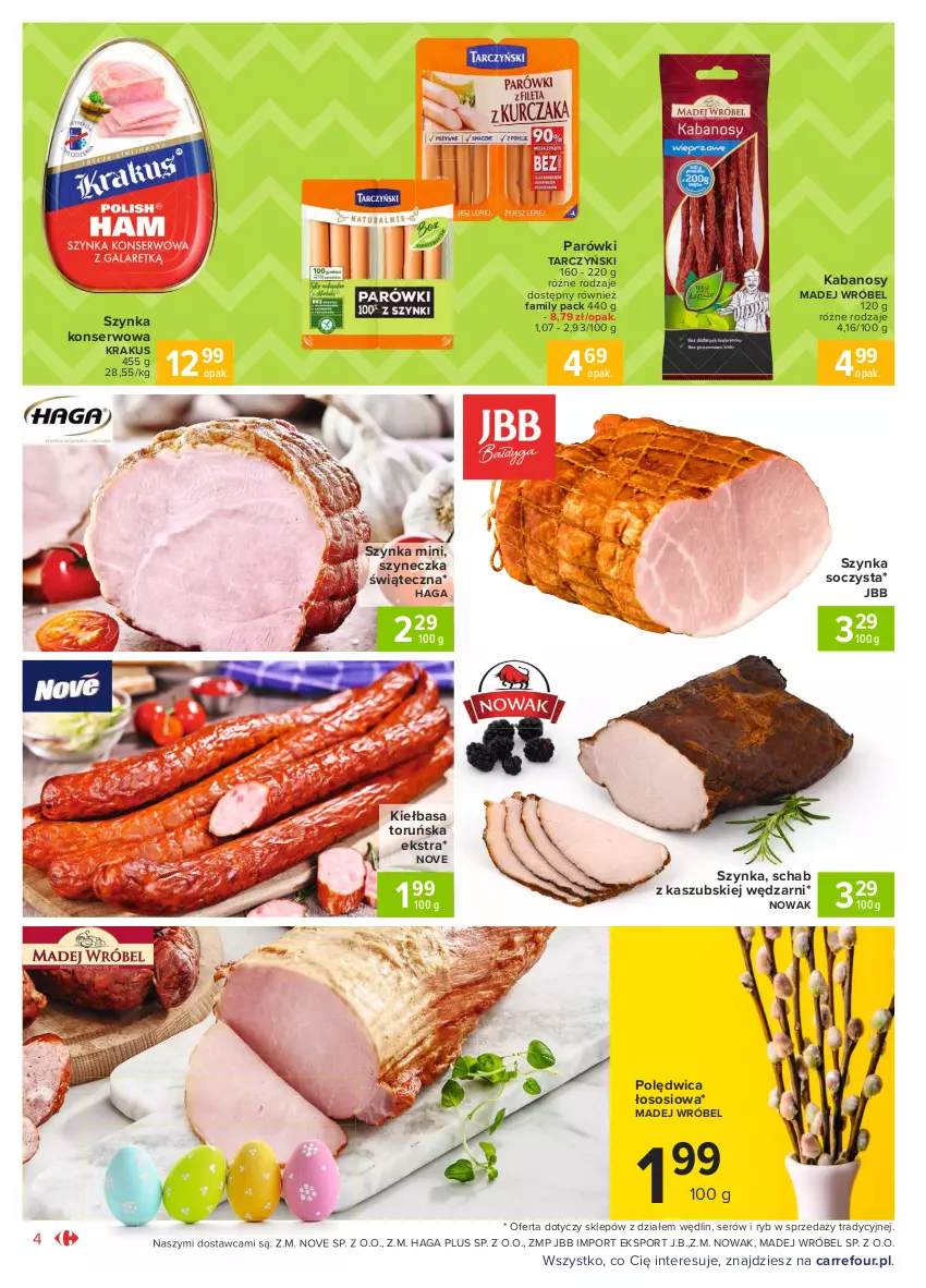 Gazetka promocyjna Carrefour - Gazetka Market - ważna 22.03 do 27.03.2021 - strona 4 - produkty: Fa, Kabanos, Kiełbasa, Krakus, Madej Wróbel, NOWAK, Parówki, Polędwica, Por, Schab z kaszubskiej wędzarni, Ser, Sos, Sport, Szynka, Szynka konserwowa, Tarczyński