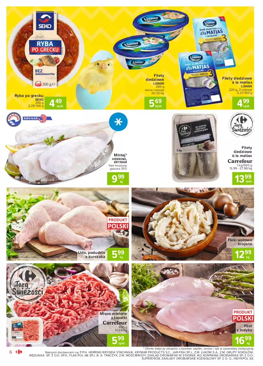 Gazetka promocyjna Carrefour - Gazetka Market - ważna 22.03 do 27.03.2021 - strona 6 - produkty: Flaki, Flaki wołowe, Glazura, Inka, Kurczak, Lazur, Lisner, Mięso, Mięso mielone, Mintaj, Podudzie z kurczaka, Ryba, Ryba po grecku, SEKO, Ser, Sok, Sokołów