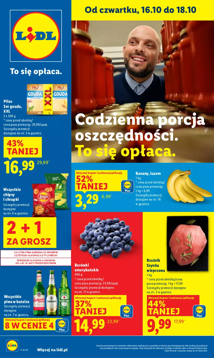 Gazetka promocyjna Lidl - GAZETKA - ważna 16.10 do 18.10.2025 - strona 1 - produkty: Banany, Chipsy, Chrupki, Gouda, Gra, Pilos, Piwa, Por, Ser, Szynka, Szynka wieprzowa