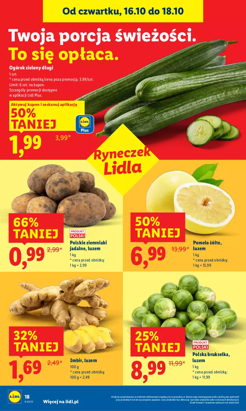 Gazetka promocyjna Lidl - GAZETKA - ważna 16.10 do 18.10.2025 - strona 22 - produkty: Brukselka, Imbir, Ogórek, Pomelo, Por, Ziemniaki