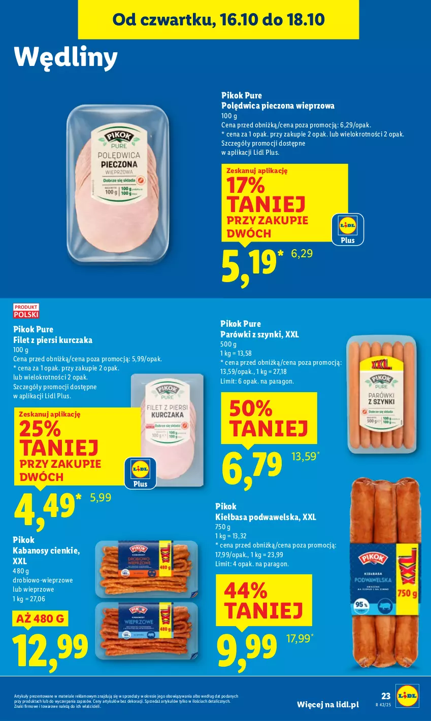 Gazetka promocyjna Lidl - GAZETKA - ważna 16.10 do 18.10.2025 - strona 27 - produkty: Filet z piersi kurczaka, Kabanos, Kiełbasa, Kiełbasa podwawelska, Kurczak, Parówki, Parówki z szynki, Piec, PIKOK, Polędwica, Pur, Wawel