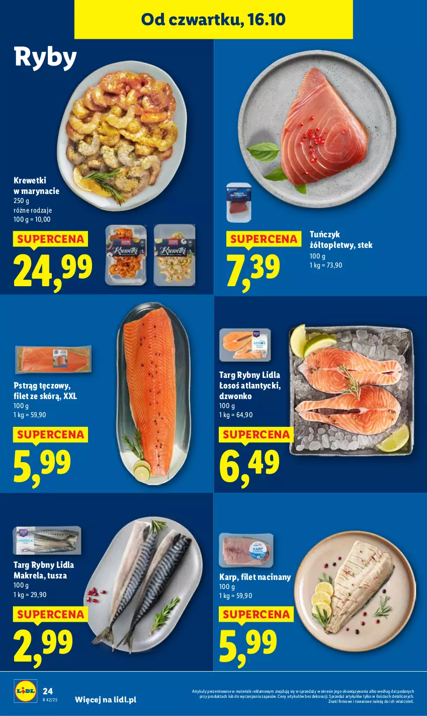 Gazetka promocyjna Lidl - GAZETKA - ważna 16.10 do 18.10.2025 - strona 28 - produkty: Karp, Krewetki, Pstrąg, Pstrąg tęczowy, Stek, Top, Tuńczyk, Tusz