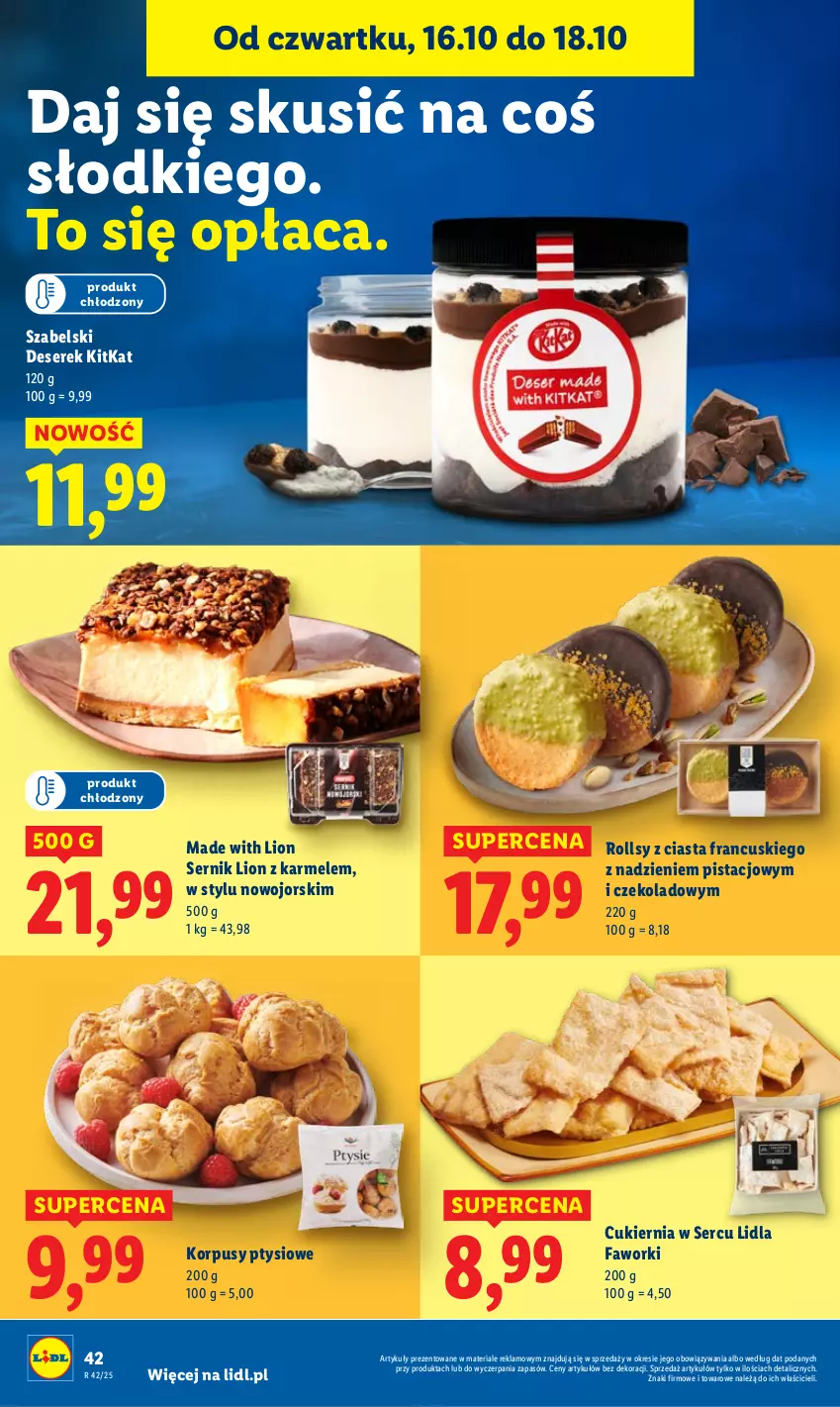 Gazetka promocyjna Lidl - GAZETKA - ważna 16.10 do 18.10.2025 - strona 46 - produkty: Cukier, Deser, Fa, Faworki, Korpusy, Lion, Ser, Serek