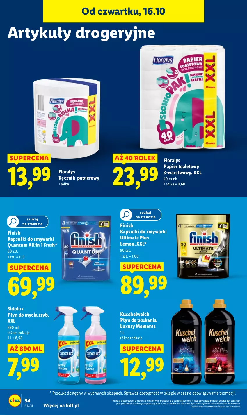 Gazetka promocyjna Lidl - GAZETKA - ważna 16.10 do 18.10.2025 - strona 58 - produkty: Finish, Flora, Moments, Papier, Papier toaletowy, Płyn do mycia, Płyn do płukania, Ręcznik, Sidolux, Zmywarki