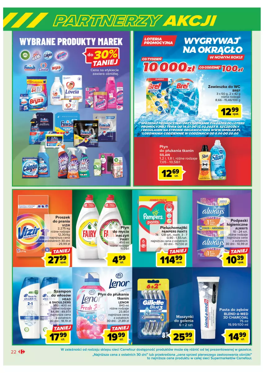 Gazetka promocyjna Carrefour - Gazetka Marki znane i lubiane - ważna 07.02 do 25.02.2023 - strona 22 - produkty: Always, Bref, Lenor, Lovela, Majtki, Pampers, Pieluchomajtki, Płyn do płukania, Podpaski, Proszek do prania, Szampon, Vizir, Zawieszka do wc