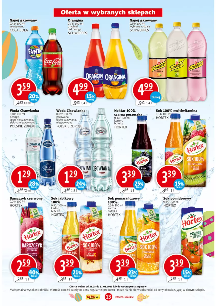 Gazetka promocyjna Prim Market - Gazetka - ważna 25.03 do 31.03.2021 - strona 13 - produkty: Cisowianka, Gin, Hortex, Napój, Napój gazowany, Nektar, Por, Schweppes, Sok, Sok jabłkowy, Sok pomarańczowy, Sok pomidorowy, Sport, Woda