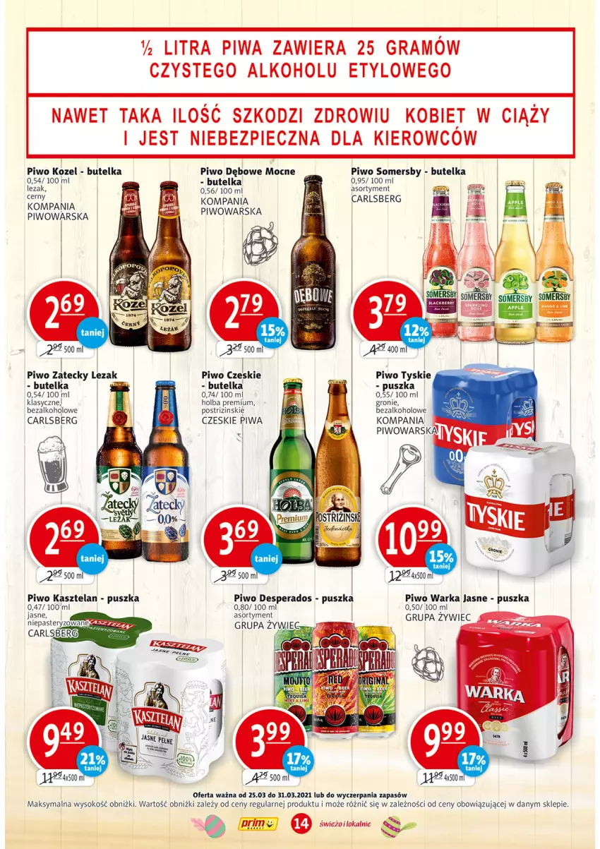 Gazetka promocyjna Prim Market - Gazetka - ważna 25.03 do 31.03.2021 - strona 14 - produkty: Carlsberg, Desperados, Gra, Kasztelan, Kozel, Piec, Piwa, Piwo, Sok, Somersby, Tyskie, Warka