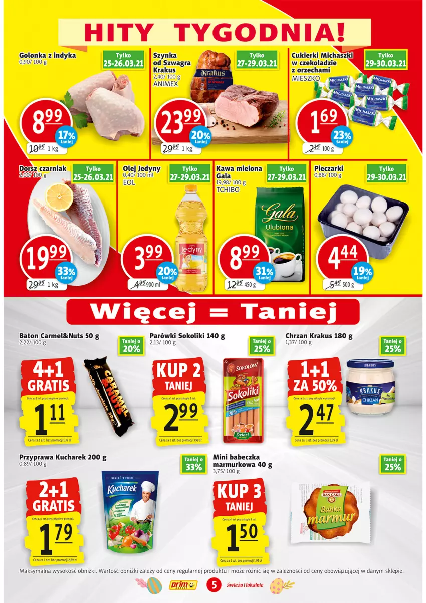 Gazetka promocyjna Prim Market - Gazetka - ważna 25.03 do 31.03.2021 - strona 5 - produkty: Baton, Chrzan, Golonka z indyka, Gra, Kawa, Kawa mielona, Krakus, Kucharek, Olej, Parówki, Parówki sokoliki, Piec, Sok, Szynka, Tchibo