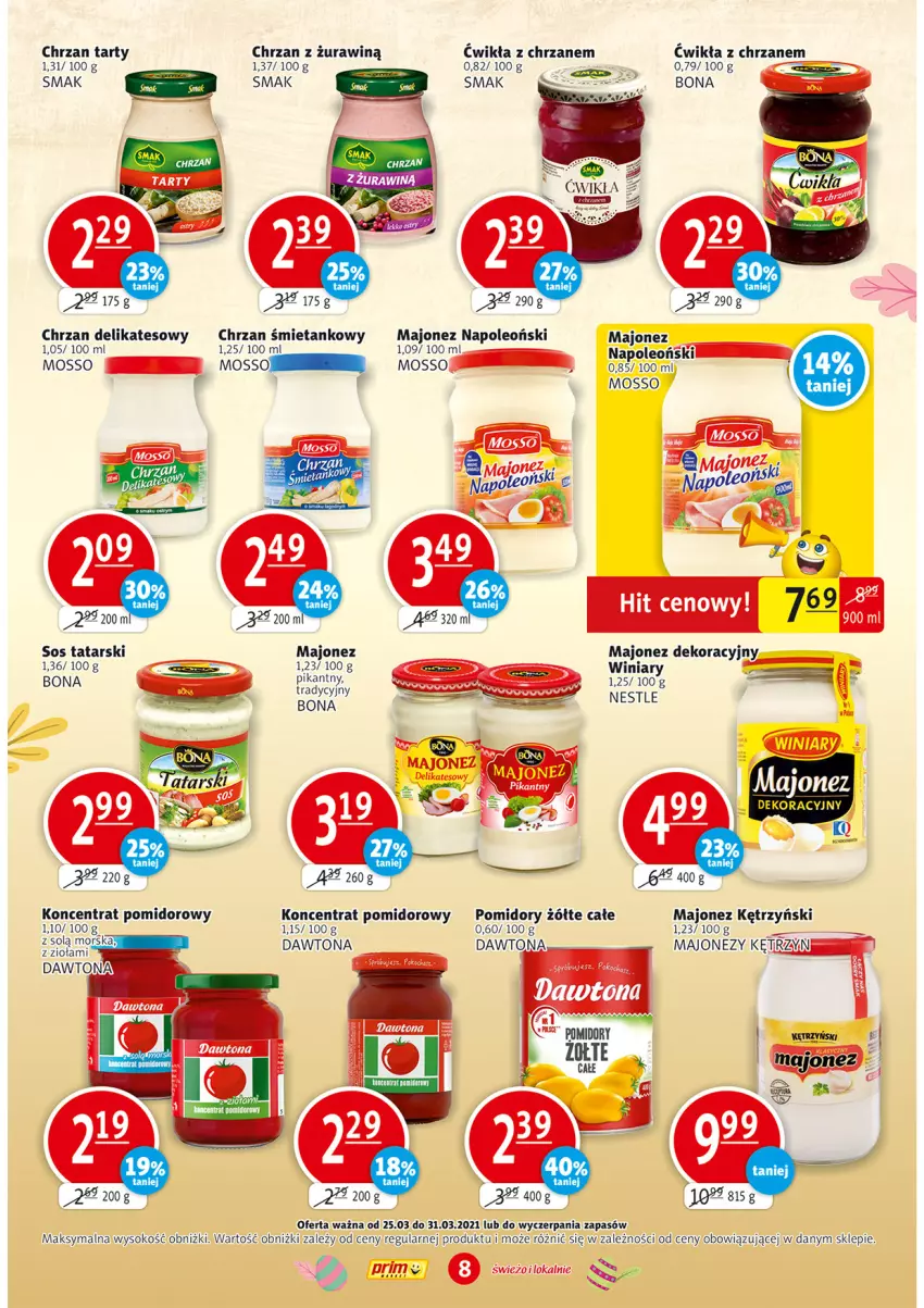 Gazetka promocyjna Prim Market - Gazetka - ważna 25.03 do 31.03.2021 - strona 8 - produkty: Chrzan, Dawtona, Koc, Koncentrat pomidorowy, Majonez, Oleo, Pomidory, Sok, Sos, Winiary