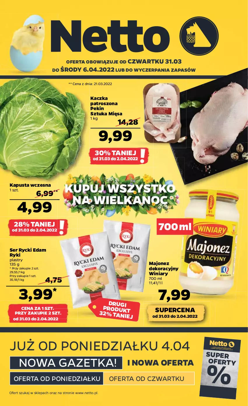 Gazetka promocyjna Netto - Gazetka spożywcza 31.03-6.04 - ważna 31.03 do 06.04.2022 - strona 1 - produkty: Edam, Kaczka, Majonez, Rycki Edam, Ser, Winiary