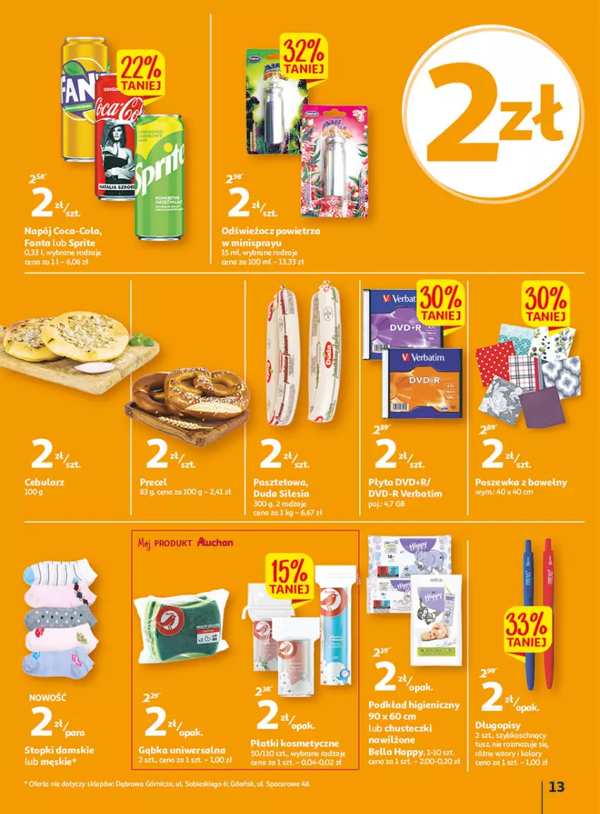 Gazetka promocyjna Auchan - Udane grillowanie jest w cenie Hipermarkety - ważna 19.05 do 28.05.2022 - strona 13 - produkty: Bell, Bella, Cebula, Coca-Cola, Duda, Fa, Napój, Odświeżacz powietrza, Pasztet, Płyta, Podkład, Podkład higieniczny, Poszewka, Top, Tusz