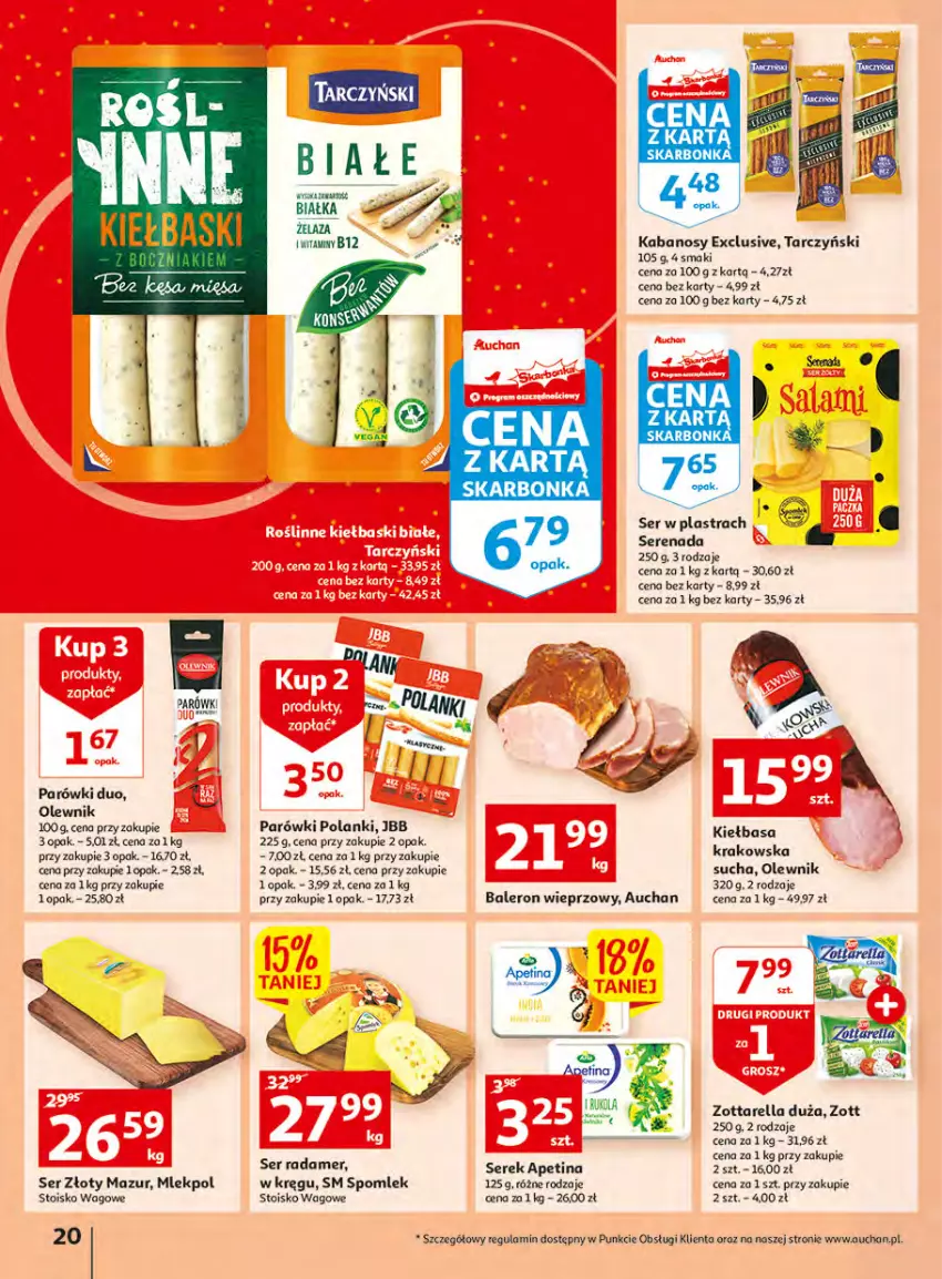 Gazetka promocyjna Auchan - Udane grillowanie jest w cenie Hipermarkety - ważna 19.05 do 28.05.2022 - strona 20 - produkty: Kabanos, Kiełbasa, Kiełbasa krakowska, Lanki, Olewnik, Parówki, Radamer, Ser, Serek, Tarczyński, Złoty Mazur, Zott, Zottarella