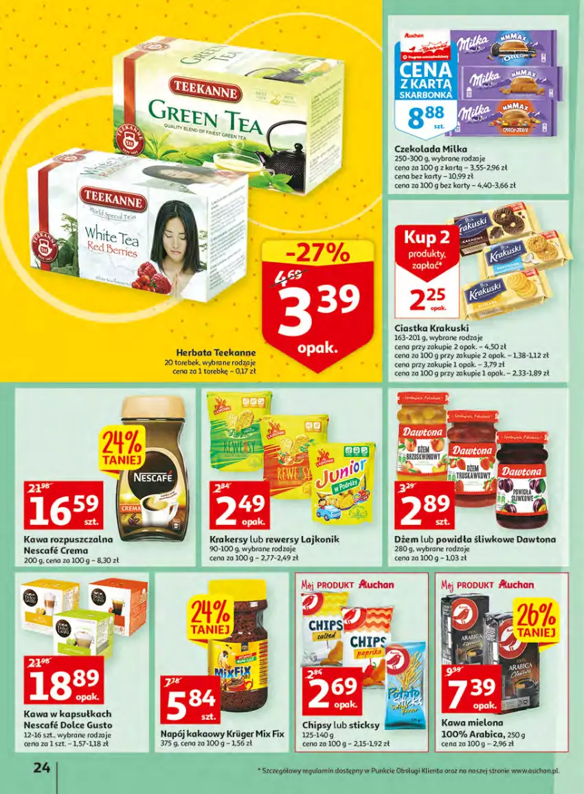 Gazetka promocyjna Auchan - Udane grillowanie jest w cenie Hipermarkety - ważna 19.05 do 28.05.2022 - strona 24 - produkty: BIC, Chipsy, Ciastka, Czekolada, Dawtona, Dolce Gusto, Dżem, Herbata, Kakao, Kawa, Kawa mielona, Kawa rozpuszczalna, Krakersy, Krakus, Krakuski, Lajkonik, Milka, Napój, Teekanne