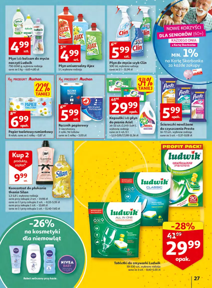 Gazetka promocyjna Auchan - Udane grillowanie jest w cenie Hipermarkety - ważna 19.05 do 28.05.2022 - strona 27 - produkty: Ajax, Ariel, Balsam do mycia naczyń, Clin, Do mycia naczyń, Ludwik, Papier, Papier toaletowy, Płyn do mycia, Płyn do prania, Presto, Ręcznik, Ręczniki papierowe, Rolki, Rum, Silan, Tablet, Tabletki do zmywarki, Zmywarki