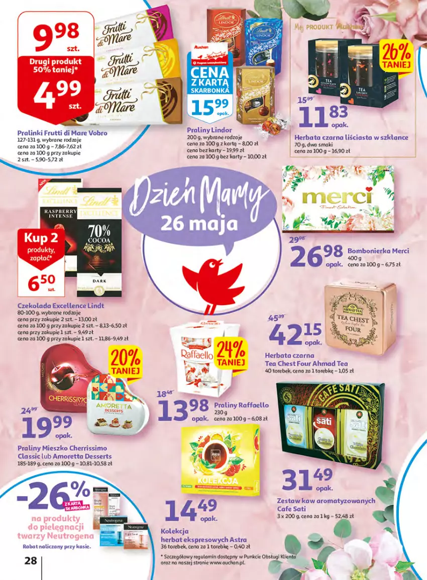 Gazetka promocyjna Auchan - Udane grillowanie jest w cenie Hipermarkety - ważna 19.05 do 28.05.2022 - strona 28 - produkty: Czekolada, Fa, Herbata, Herbata czarna, Lindor, Lindt, Merci, Neutrogena, Praliny, Raffaello, Sati, Ser