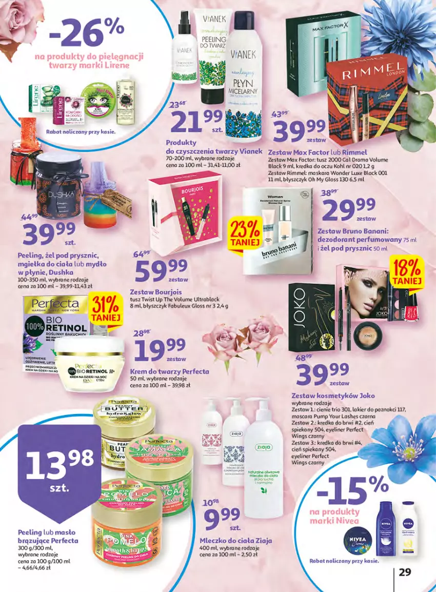 Gazetka promocyjna Auchan - Udane grillowanie jest w cenie Hipermarkety - ważna 19.05 do 28.05.2022 - strona 29 - produkty: Bourjois, Bruno Banani, Cień, Dezodorant, Fa, Kredka, Kredka do brwi, Krem do twarzy, Lack, Lakier, Lakier do paznokci, Lirene, Maska, Maskara, Masło, Max Factor, Mleczko, Mleczko do ciała, Mydło, Mydło w płynie, Nivea, Peeling, Perfecta, Perfum, Rama, Tusz, Ziaja