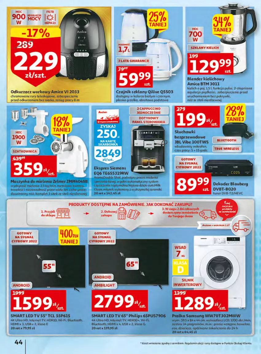 Gazetka promocyjna Auchan - Udane grillowanie jest w cenie Hipermarkety - ważna 19.05 do 28.05.2022 - strona 44 - produkty: Amica, Blender, Cappuccino, Czajnik, Dzieci, Gra, Grzałka, JBL, Kosz, LED TV, Maszynka, Maszynka do mielenia, Mikrofon, Młynek, Odkurzacz, Philips, Piec, Pralka, Samsung, Siemens, Słuchawki, Słuchawki bezprzewodowe, Stek, Szynka, Teleskop, Top, Warka, Wełna, Zelmer