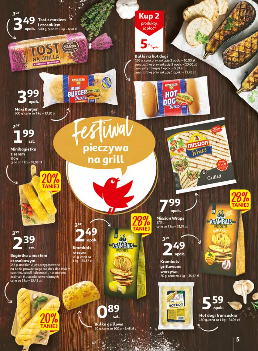 Gazetka promocyjna Auchan - Udane grillowanie jest w cenie Hipermarkety - ważna 19.05 do 28.05.2022 - strona 5 - produkty: Bagietka, Bułka, Grill, Hot dog, Olej, Piec, Ser, Warzywa