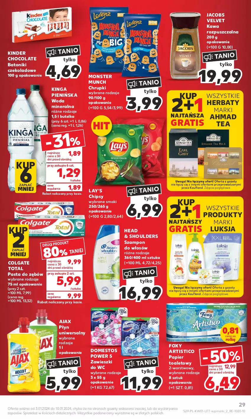 Gazetka promocyjna Kaufland - Gazetka tygodnia - ważna 03.01 do 10.01.2024 - strona 29 - produkty: Ajax, Baton, Chipsy, Chrupki, Colgate, Colgate Total, Domestos, Foxy, Gra, Jacobs, Jacobs Velvet, Kawa, Kawa rozpuszczalna, Kinder, Lay’s, LG, Luksja, Monster Munch, Papier, Papier toaletowy, Pasta do zębów, Szampon, Tonik, Velvet, Waga, Woda, Woda mineralna, Zawieszki